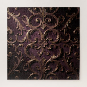 Puzzle Motif de défilement baroque orné violet profond or