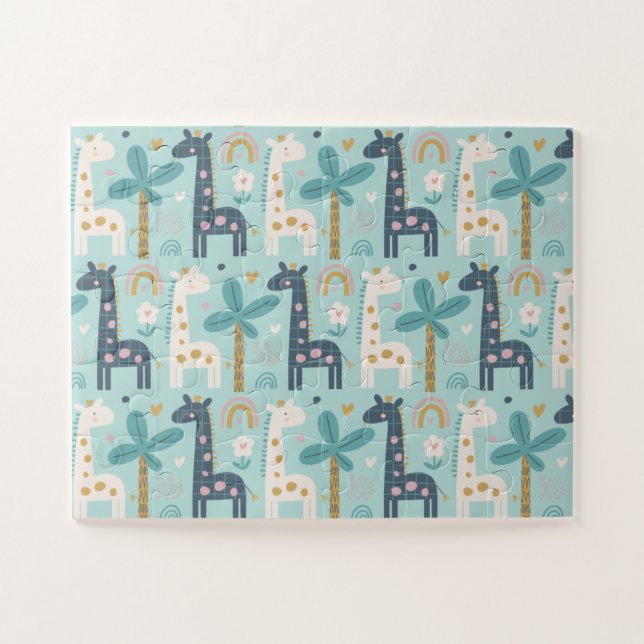 Puzzle Motif de Giraffe Whimsical en Pastel Blue (Horizontal)