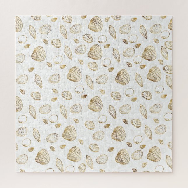 Puzzle Motif élégant Gold White Seashells (Vertical)