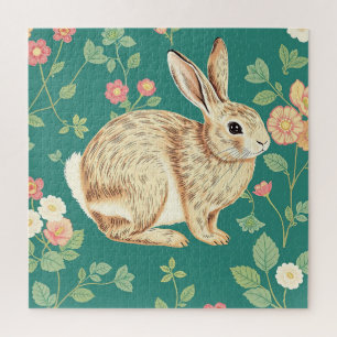Puzzle Motif floral de lapin mignon sarcelle