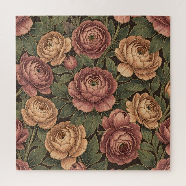 Puzzle Motif floral de pivoine rose Fond sombre Or  (Vertical)