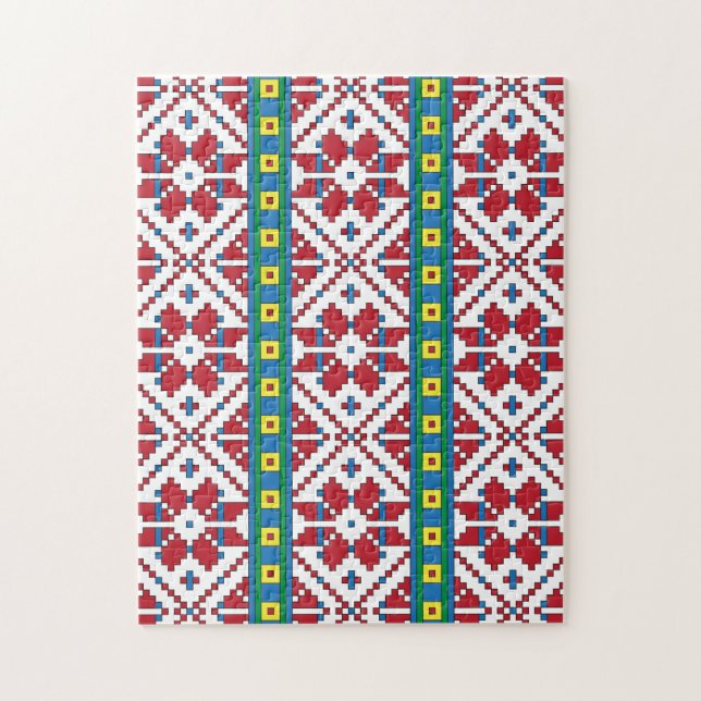 Puzzle Motif géométrique tribal rouge, bleu et blanc étoi (Vertical)
