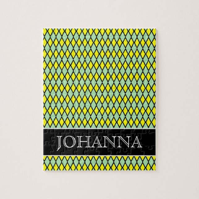 Puzzle Motif jaune et vert de forme de diamant + Nom (Vertical)