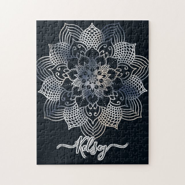 Puzzle Motif Mandala noir et bleu monogramme (Vertical)