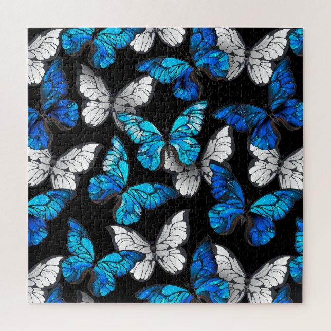 Puzzle Motif sans couleur foncée avec papillons bleus Mor (Vertical)