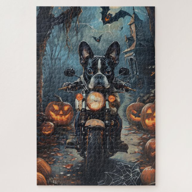 Puzzle Moto à cheval Boston Terrier Halloween effrayant (Vertical)