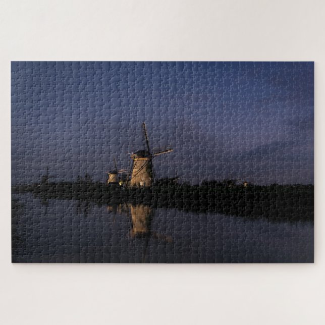 Puzzle Moulin à vent éclairé à l'heure bleue (Horizontal)