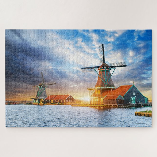 Puzzle Moulins à vent néerlandais Coucher de soleil nuage (Horizontal)