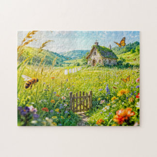 Puzzle Mountain Meadow Cottage with Flowers, Gate and But