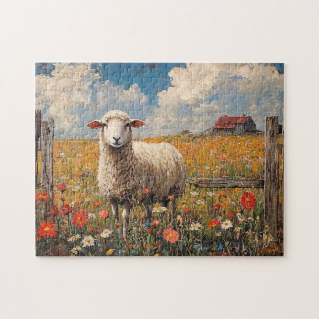 Puzzle Moutons dans un champ Fleur sauvage Ferme rustique (Horizontal)
