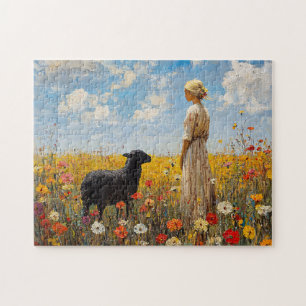 Puzzle Moutons et bergers avec Fleurs sauvages
