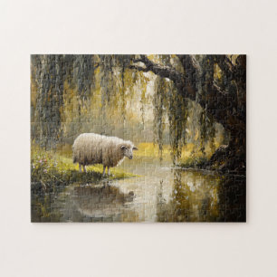 Puzzle Moutons Sous Une Peinture D'Arbre Saule