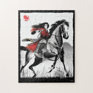 Puzzle Mulan Riding Vent Noir encadré Aquarelle