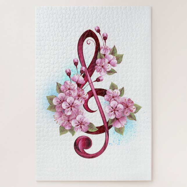 Puzzle Musical treble clef notes with sakura flowers (Vertical)