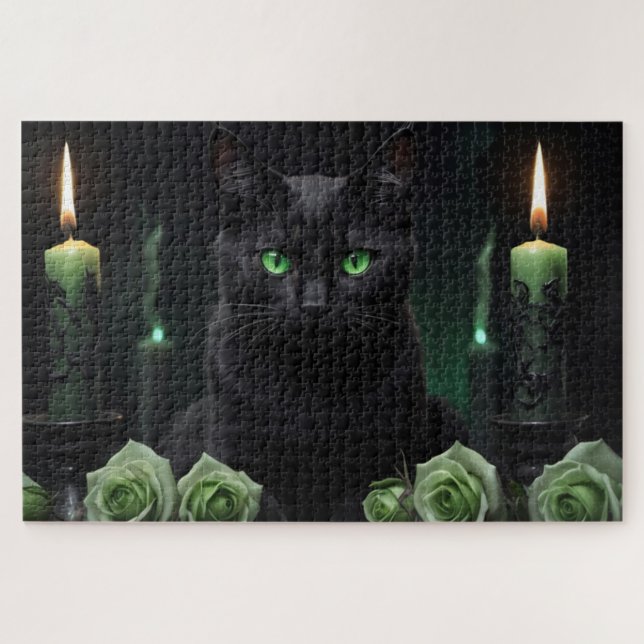 Puzzle Mystérieux chat noir effrayant avec yeux verts (Horizontal)
