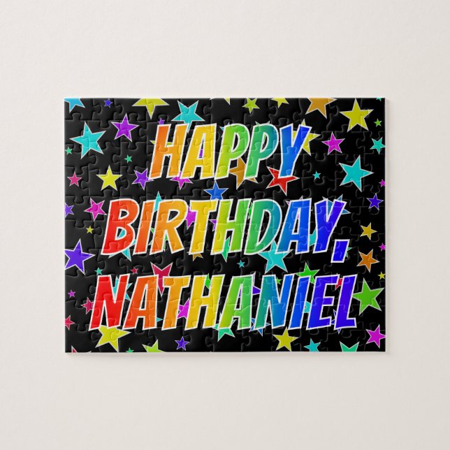 Puzzle "NATHANIEL" Prénom, amusant "HEUREUX ANNIVERSAIRE" (Horizontal)