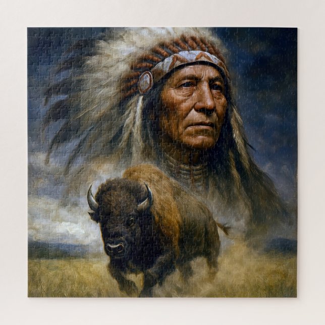 Puzzle Native American Chief with Charging Buffalo (Vertical)
