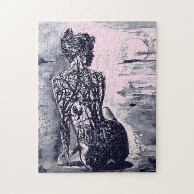 Puzzle Nature Lady - Peinture d'aquarelle noire et blanch (Vertical)
