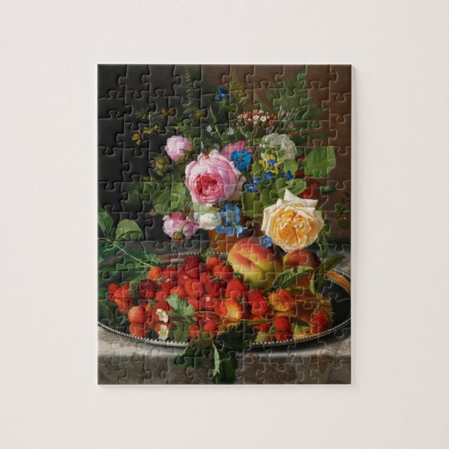 Puzzle Nature morte Roses et fraises par Otto Ottesen (Vertical)