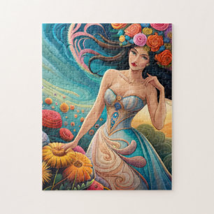Puzzle Nature surréelle colorée avec une femme couronnée 