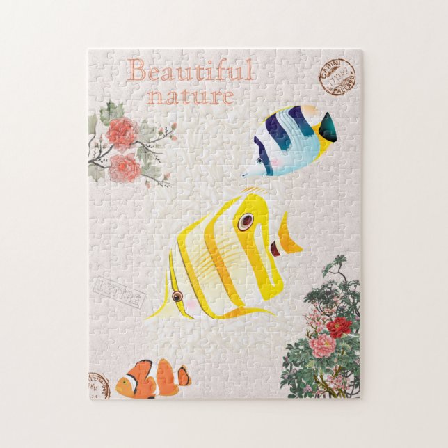 Puzzle Nature Vintage Fleurs de Poissons modernes Feuille (Vertical)