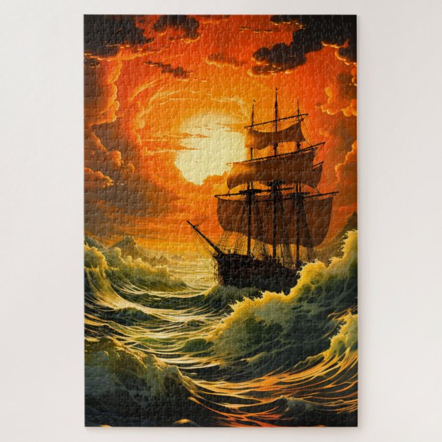 Puzzle Navire AI au coucher du soleil (Vertical)