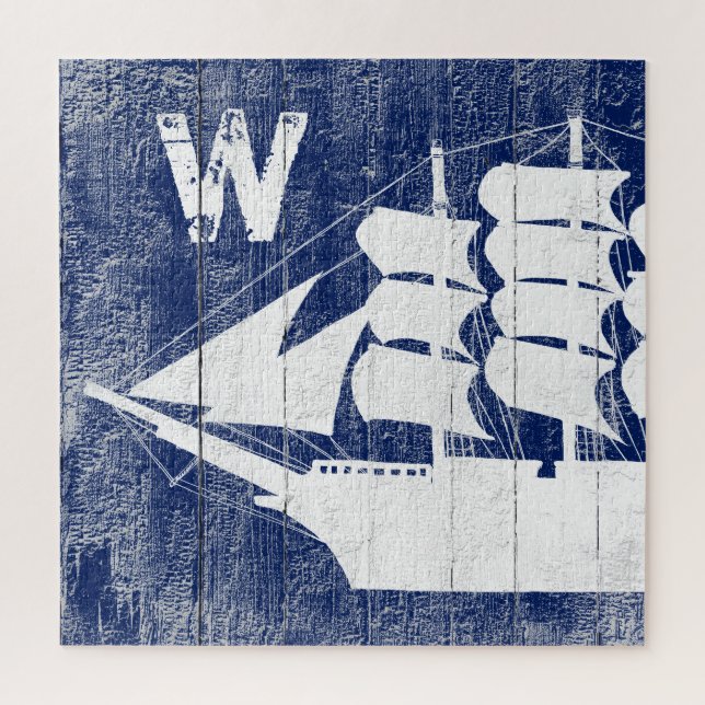 Puzzle Navire nautique Blue Beach Bois Blanc Monogramme (Vertical)