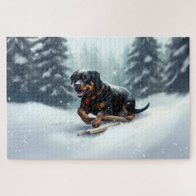 Puzzle Neige de Noël Rottweiler hiver Oreiller (Horizontal)