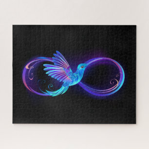 Puzzle Neon Infinity Symbol with Glowing Hummingbird