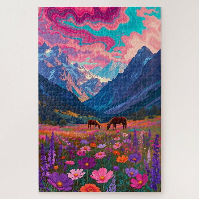 Puzzle Neon Mountain Valley - Psychedelic Horses & Pink C (Vertical)