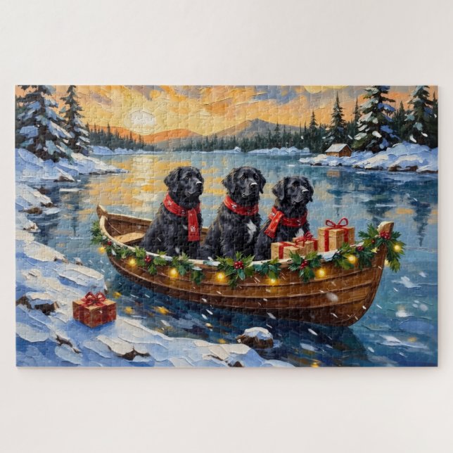 Puzzle Newfoundland Dog Christmas Boat Holiday (Horizontal)
