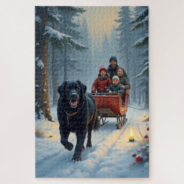 Puzzle Newfoundland Dog Snowy Sleigh Ride Christmas (Vertical)