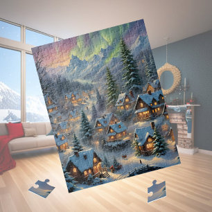Puzzle Noël dans un village de montagne, lumières polaire