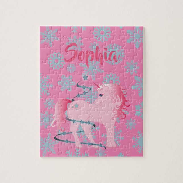 Puzzle Noël Flocon de neige mignonne Unicorne rose (Vertical)