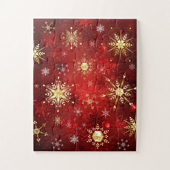Puzzle Noël Golden Snowflakes sur Arrière - plan rouge (Vertical)