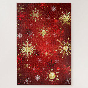Puzzle Noël Golden Snowflakes sur Arrière - plan rouge