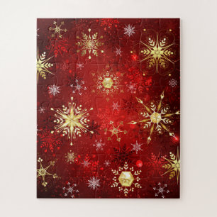 Puzzle Noël Golden Snowflakes sur Arrière - plan rouge