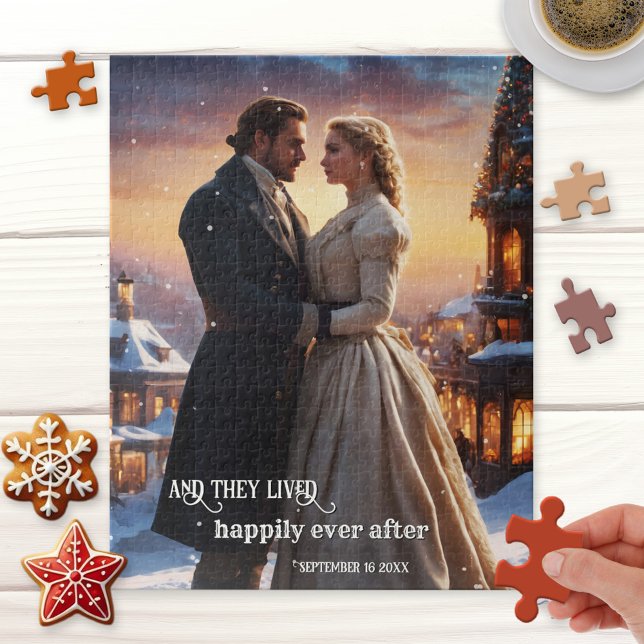 Puzzle Noël Mariage d'hiver Anniversaire Art Vintage (Puzzle featuring a vintage painting of a fairy tale love in a festive Christmas winter town)