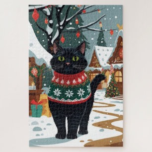 Puzzle Noël Neige Chat Noir Fêtes