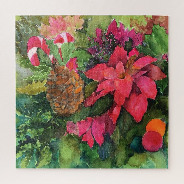 Puzzle Noel Poinsettia peinture aquarelle originale (Vertical)