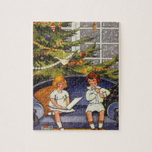 Puzzle Noël vintage, enfants assis sur un canapé