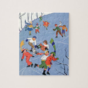 Puzzle Noël vintage, enfants patinant sur un lac