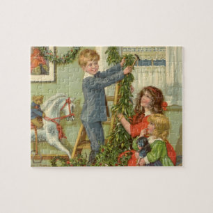 Puzzle Noël vintage, enfants victoriens décorant