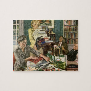 Puzzle Noël vintage, famille heureuse emballant des cadea