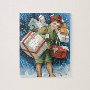 Puzzle Noël vintage, Fille avec cadeaux en neige hivernal