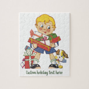 Puzzle Noël vintage, Garçon avec des présents et Chien de