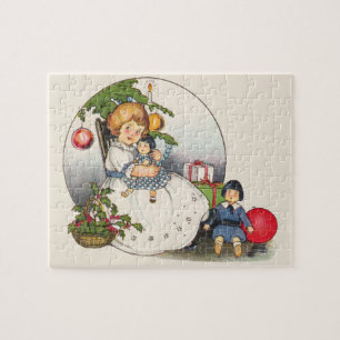 Puzzle Noël vintage, Joyeuse fille jouant avec des poupée