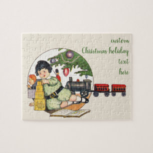 Puzzle Noël vintage, Joyeux garçon jouant avec des jouets