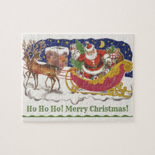 Puzzle Noël vintage, joyeux Père Noël avec traîneau