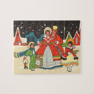 Puzzle Noël vintage, une famille chantant des chants de N